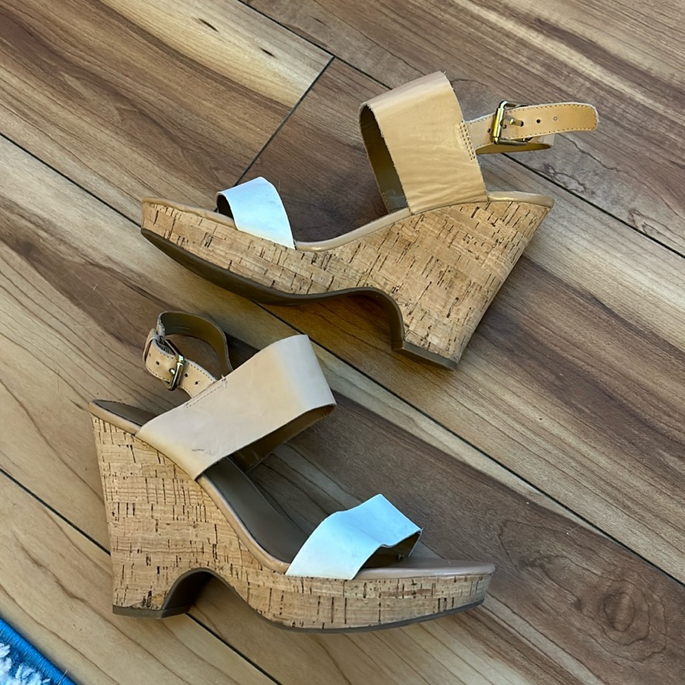 Franco Sarto Gardenia Cork Heel Wedge Sandal Leather White‎ Gold